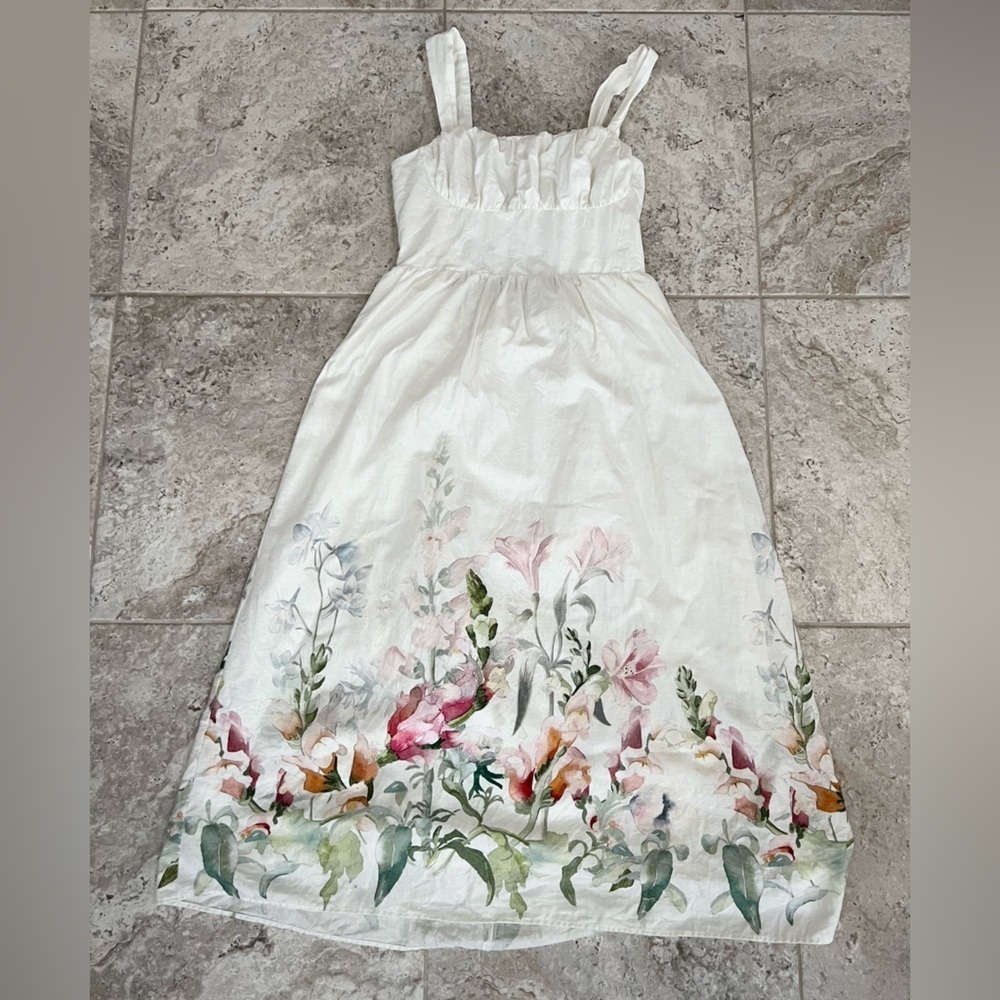 H&M Printed Linen-Blend Sleeveless White Floral Garden Party Midi Dress, Medium - Picture 13 of 14